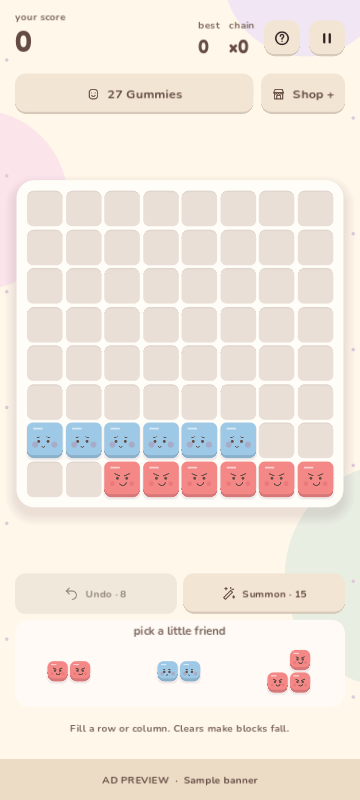 Gummy Drop Blocks gameplay showing the eight-by-eight board and three pieces to place.